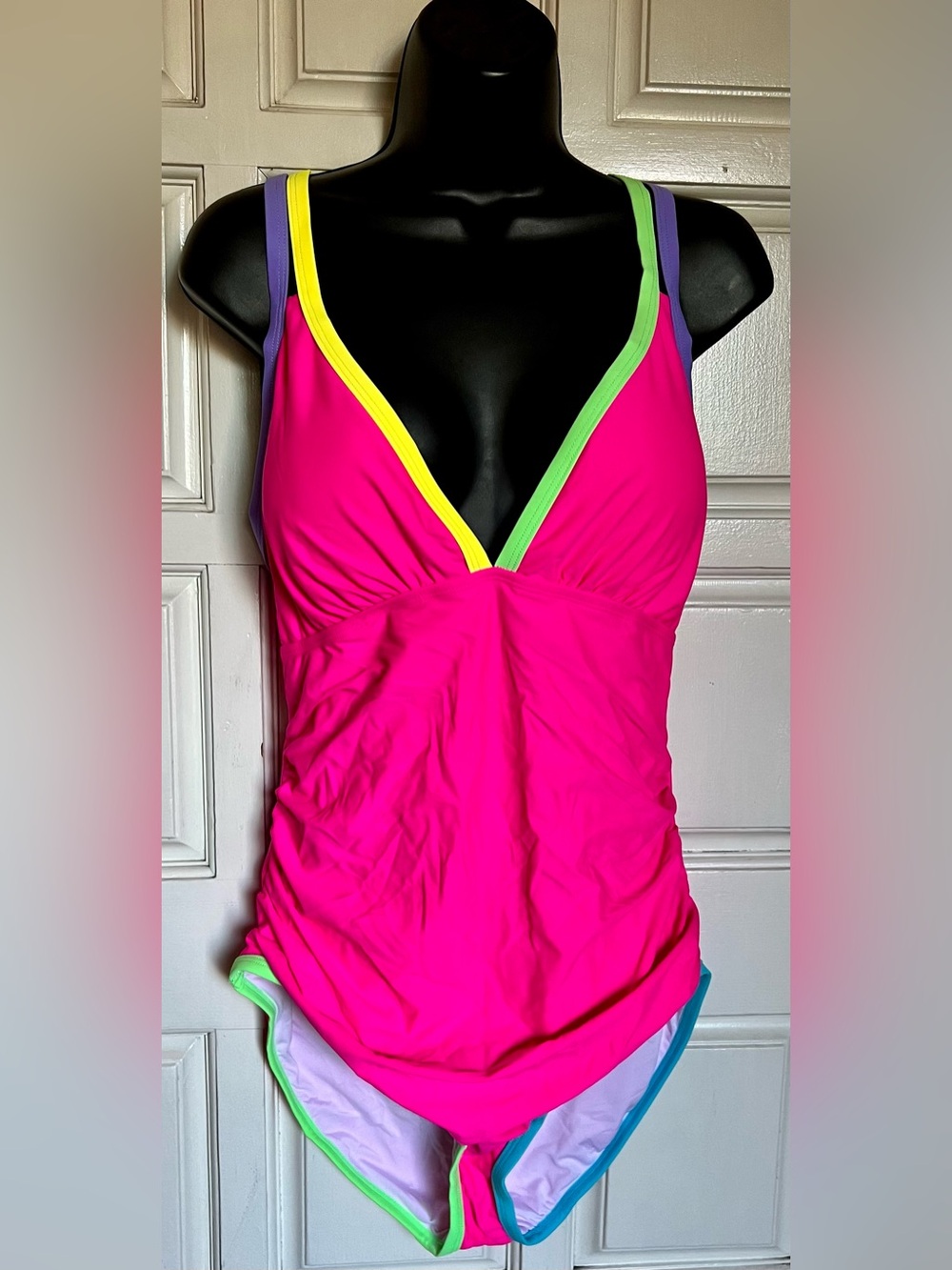 Hot Pink V-Neck One-Piece Swimsuit with Neon Trim